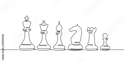 Continuous one line drawing of chess pieces. Set of king, queen, rooks, bishops, knights, and pawn. Minimalism design business metaphor theme.