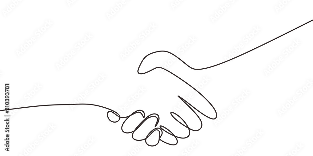 One line drawing of shaking hands. Concept of handshake of two persons. - obrazy, fototapety, plakaty 