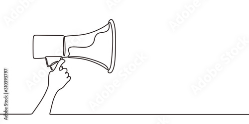 Continuous one line drawing of horn speaker hold by hand sign and symbol for announcement and employee hiring. Good for banner and advertisement.