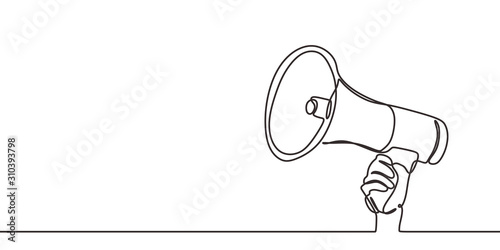 Continuous one line drawing of horn speaker hold by hand sign and symbol for announcement and employee hiring. Good for banner and advertisement.