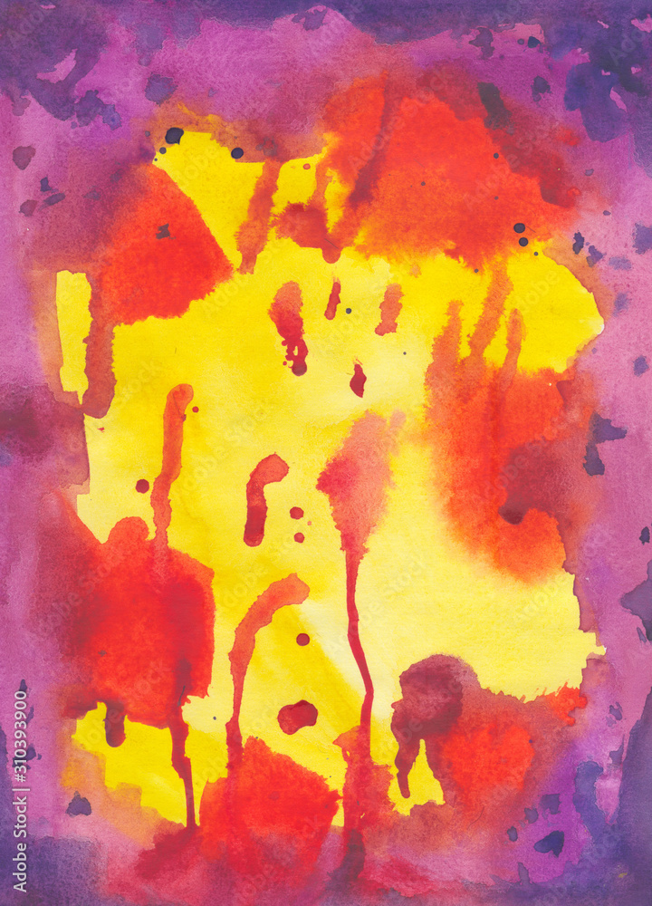 The background is painted with watercolor paint.Bright red drops and smudges on a yellow background with purple. The background is painted with watercolor paint.Bright red drops and smudges on a yellow background with purple.