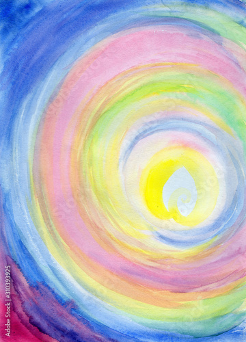 The background is painted with watercolor paint.Delicate pinks, greens, yellows and Blues, the tunnel to the light.