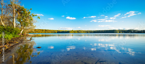 See im Müritz Nationalpark im Herbst unter blauem Himmel, Wolken spiegeln sich