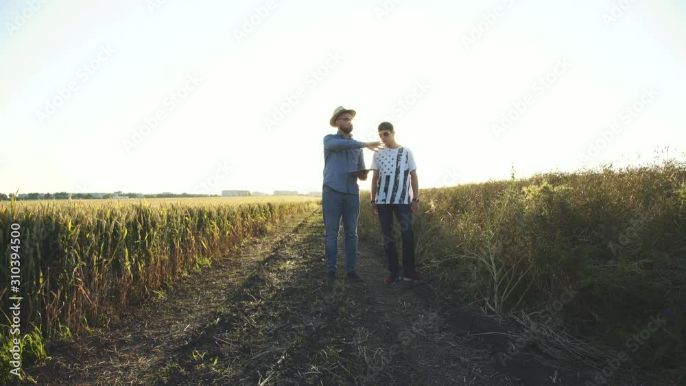 Two farmers talking between themselves using tablet in field on sunset Two farmers talking between themselves using tablet in field on sunset