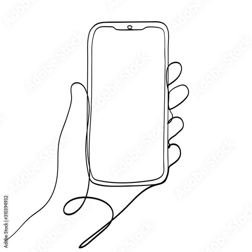 Hand Holding Mobile Phone Line Art Vector Illustration. Isolated on White Background.