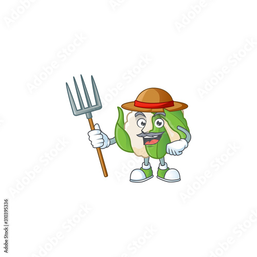 Happy Farmer cauliflower cartoon mascot with hat and tools