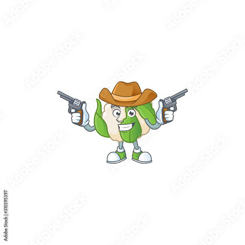 Smiling cauliflower mascot icon as a Cowboy holding guns