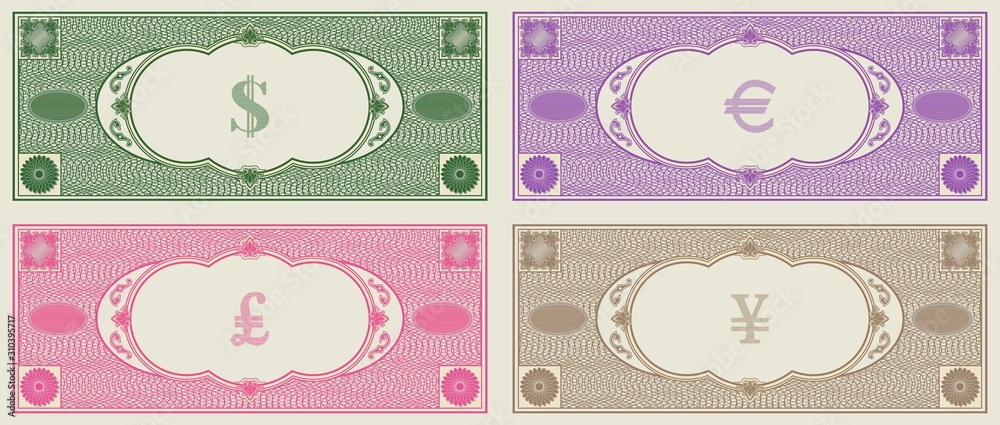 Sample banknotes without face value with signs of world currencies and guilloche grid Sample banknotes without face value with signs of world currencies and guilloche grid