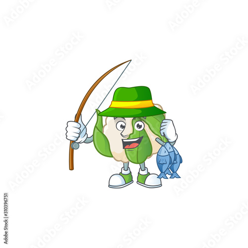 Cheerful face Fishing cauliflower mascot design style