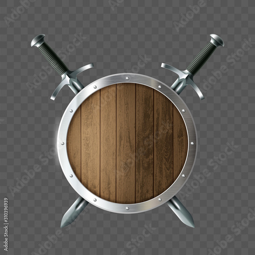 Round wooden shield with swords. Coat of arms