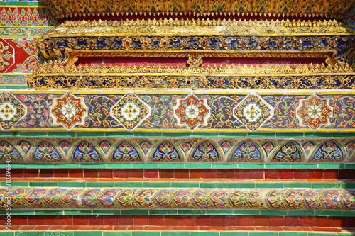 Detailing of Prasat Phra Thep Bidon,Stained glass pattern,stucco,write color, High Thai architecture In the Rattanakosin period ,Thai culture and arts in Bangkok Thailand