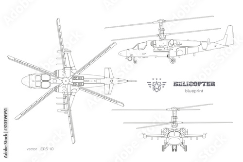 Outline blueprint of military helicopter. Top, side and front views of armed air vehicle. Industrial isolated image. War copter