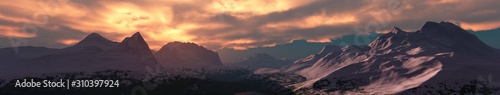 Panorama of mountains in the snow at sunset, snowy landscape, 3D rendering.