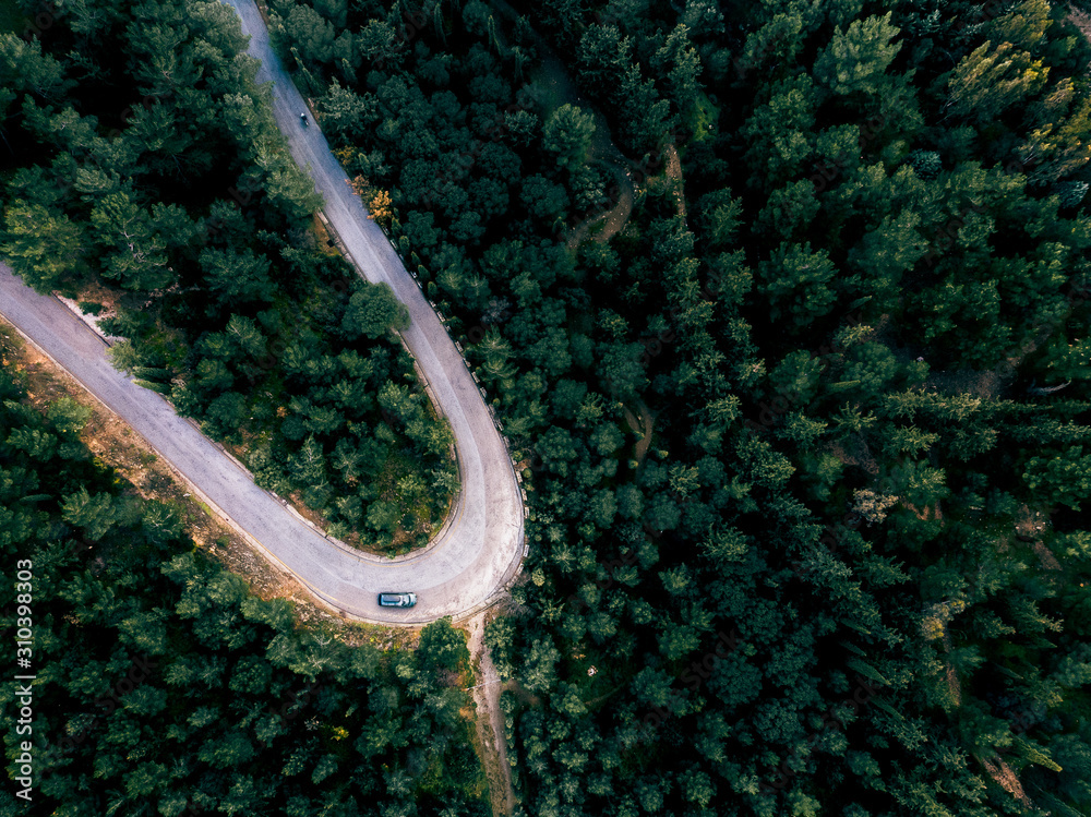 Drone shot of a car driving on a curvy road on a mountain in a forrest