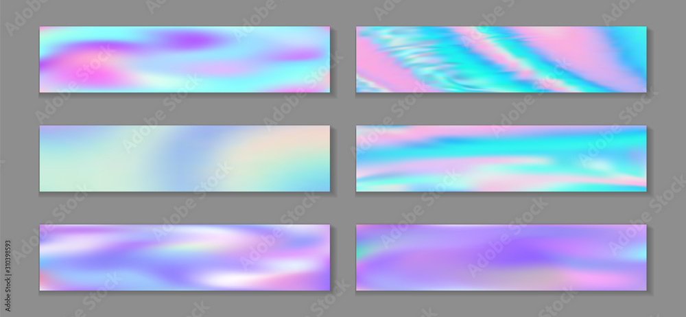 Hologram vibrant flyer horizontal fluid gradient princess backgrounds vector set. Iridescent 