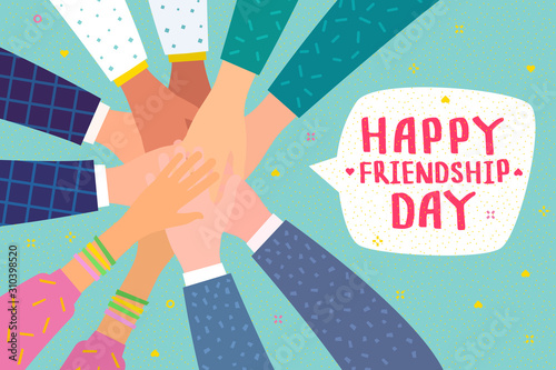 Happy Friendship Day illustration. Hands hold heart with text.