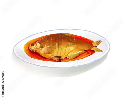 Wuchang fish, catfish, fried fish, Chinese food, fish meat, delicious, delicious, food, braised fish, illustration, food, dishes,