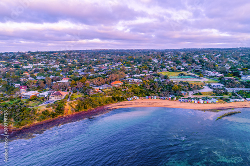 Aerial view of Mount Eliza suburb and ocean coastline at dusk