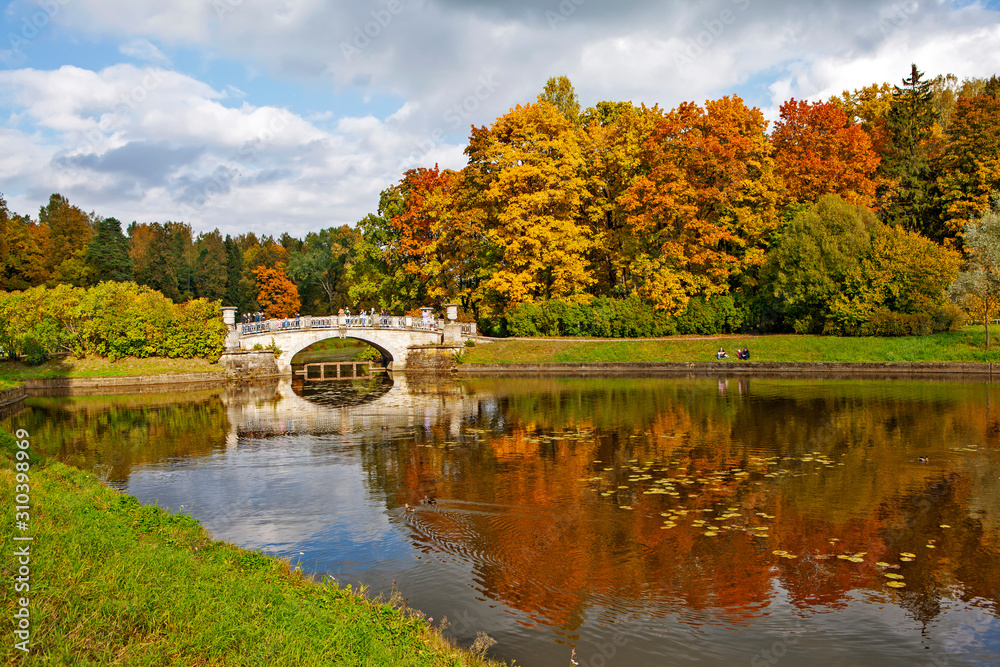 Autumn park, Slavyanka river and the Cast-iron bridge. Pavlovsk. St. Petersburg. Russia