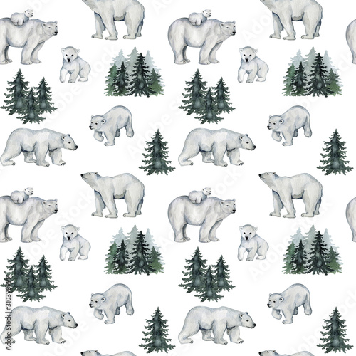 Obraz na płótnie Akwarela bezszwowe wzór z białymi niedźwiedziami polarnymi