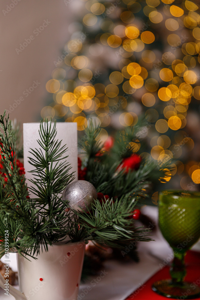 Glasses and decorations on a Christmas table