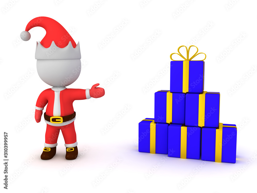 3D Santa claus showing a stack of blue presents 3D Santa claus showing a stack of blue presents