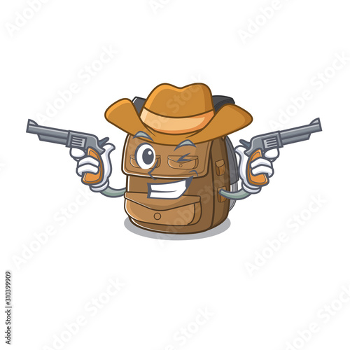 Hiking backpack Scroll mascot performed as a Cowboy with guns