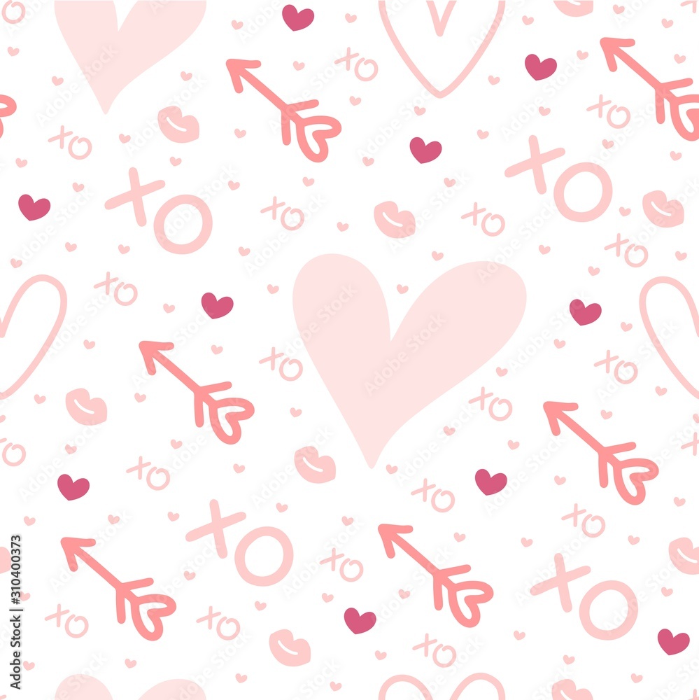 Never-ending seamless light love pattern with hearts, arrows and kisses. Saint Valentines background