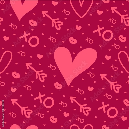 Cute doodle never-ending Valentines Day background pattern with hearts, arrows and kisses