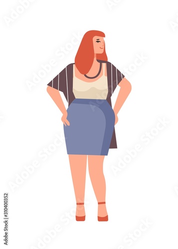 Happy plus size woman flat vector illustration. Curvy young lady, smiling redhead girl in casual clothes cartoon character. Stylish body positive model posing isolated on white background.