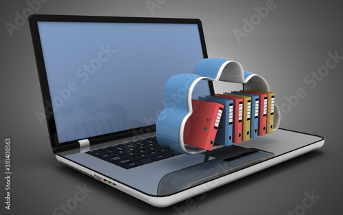 3d laptop cloud and folders. 3d illustration