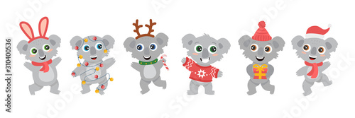 group of cute Australian koalas wombats with big eyes in a deer costume with a lollipop, in a red sweater with a gift a Christmas garland, smiling and dancing. New Year flat vector cartoon set
