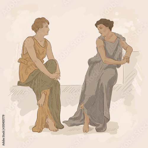 Two ancient Greek women in tunics sit on the parapet and have a conversation. Vector image on beige background.