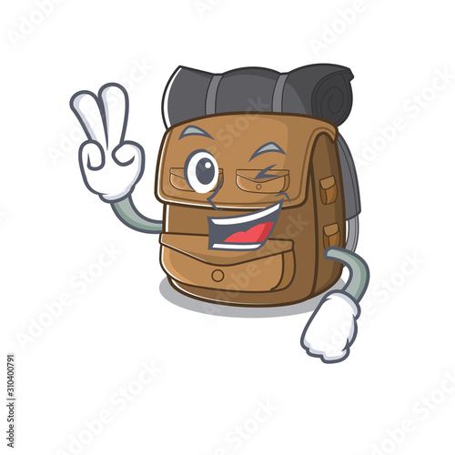 Funny hiking backpack Scroll cartoon Character with two fingers photo