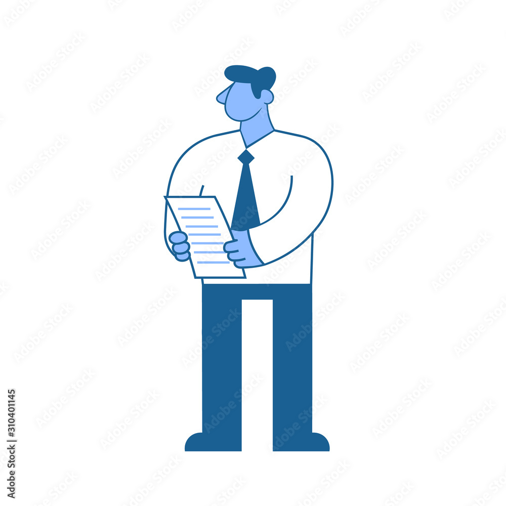 Businessman in white shirt standing with paper documents in his hands. Character vector illustration, isolated on white background. Businessman in white shirt standing with paper documents in his hands. Character vector illustration, isolated on white background.