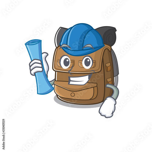 Cheerful Architect hiking backpack Scroll with blue prints and blue helmet photo