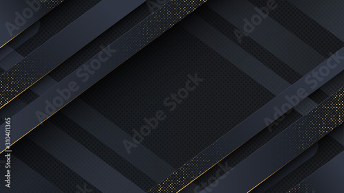 Carbon luxury abstract background with black overlap layers. Texture carbon with luxury golden glitters dots.