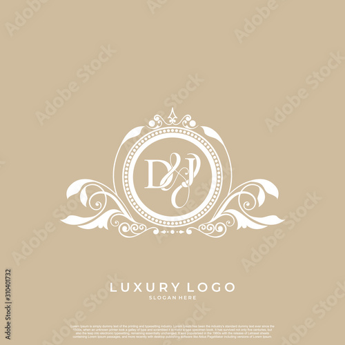 Logo Initial letter DJ luxury vector mark, gold color elegant classical symmetric curves decor. editable file EPS10.