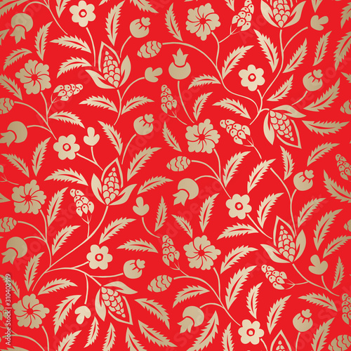 Gold Foil Traditional Chintz Floral Vector Seamless Pattern on Red Background. Classic Background