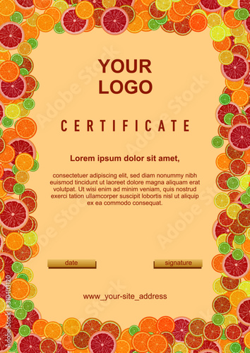 certificate, diploma template, border of sliced citruses - oranges, limes, lemons, grapefruits