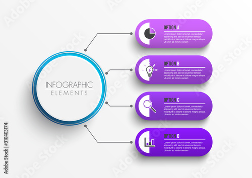 Flowchart with 4 round paper white elements connected to main circle. Concept of four main business goals of company. Modern infographic design layout. Flat vector illustration for brochure, report.