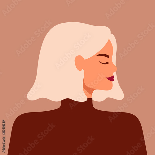 Portrait of a strong beautiful woman in profile with blond hair. Avatar of confident young caucasian girl. Vector illustration