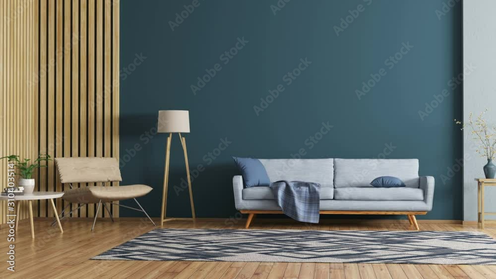 Interior of modern living room with sofa, armchair, coffee table and floor lamp, home design, 3d animation rendering