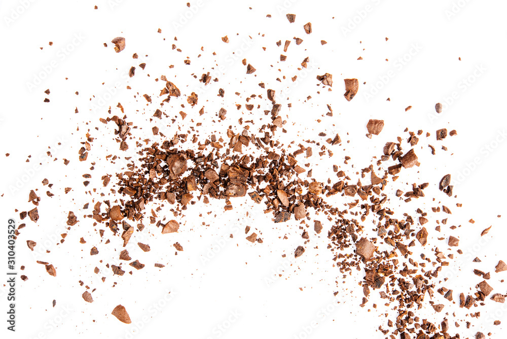 Coffee bean splash broken craked crushed isolated on white background top view food object design Coffee bean splash broken craked crushed isolated on white background top view food object design