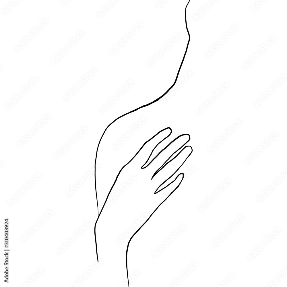 Obraz premium Continuous line, drawing of woman body with hand, fashion concept, woman beauty minimalist, vector illustration for t-shirt, slogan design print graphics style. One line fashion illustration