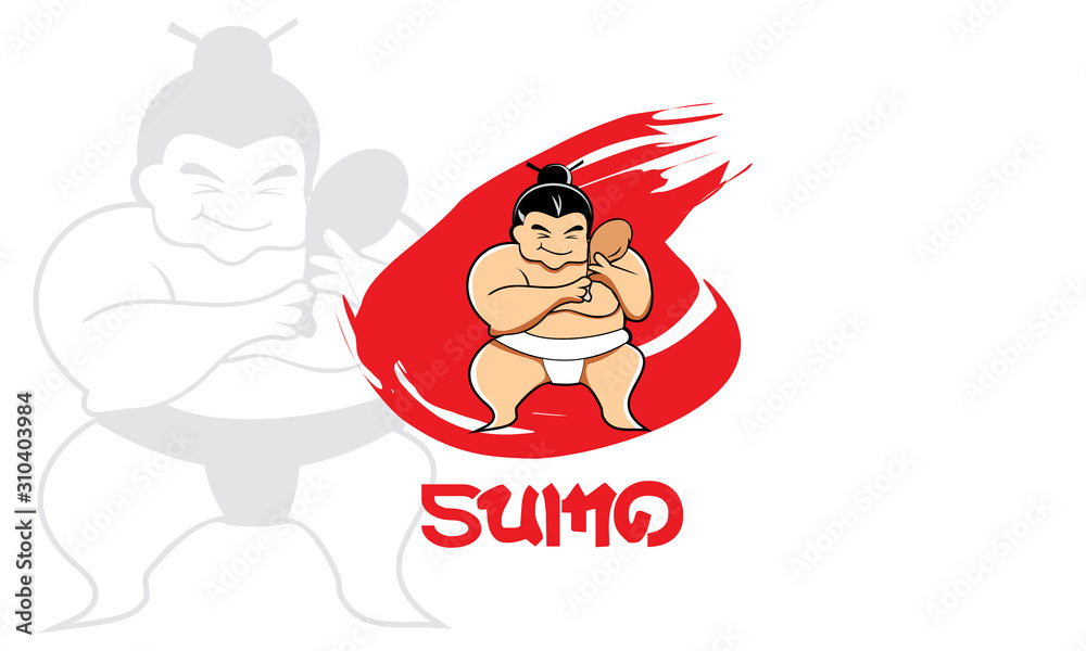A funny sumo wrestler. eating a chicken Vector cartoon illustration arranged isolated on white. Big Asian guy who is funny and smiling.