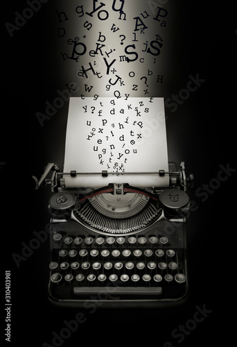 Fantasy recreation of letters falling down on typewriter and blank page