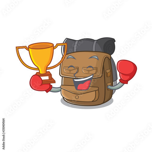 Super cool Boxing winner hiking backpack Scroll in mascot cartoon design