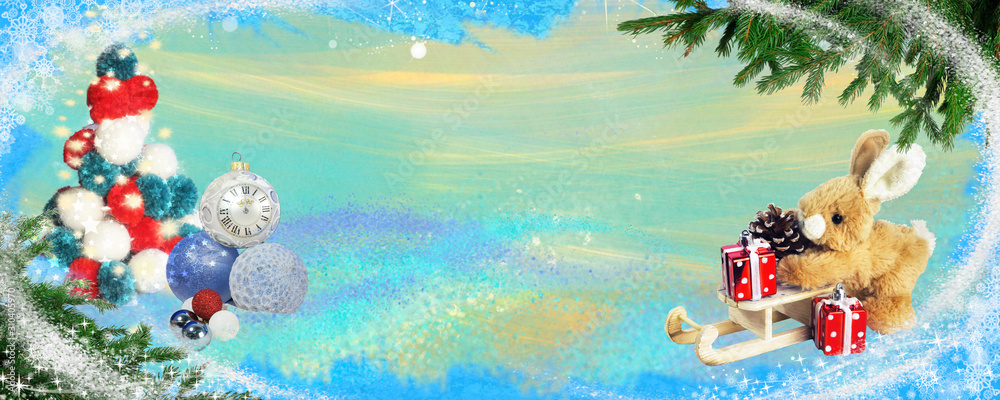 Holiday card with Christmas toys and a place to congratulate. Merry Christmas and happy New year in the form of a banner for a website or blog. Holiday card with Christmas toys and a place to congratulate. Merry Christmas and happy New year in the form of a banner for a website or blog.