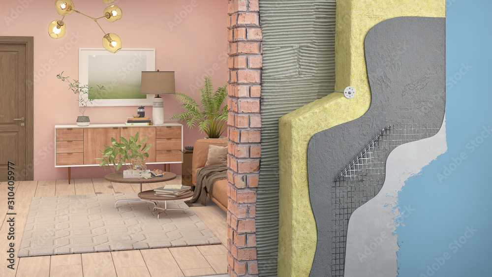 Wall thermal insulation in interior, 3d illustration - obrazy, fototapety, plakaty 